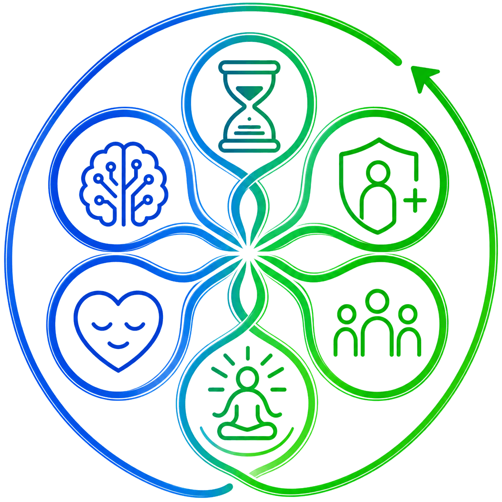 FourD Total Health symbol showing six connected spans within one evolving whole of health